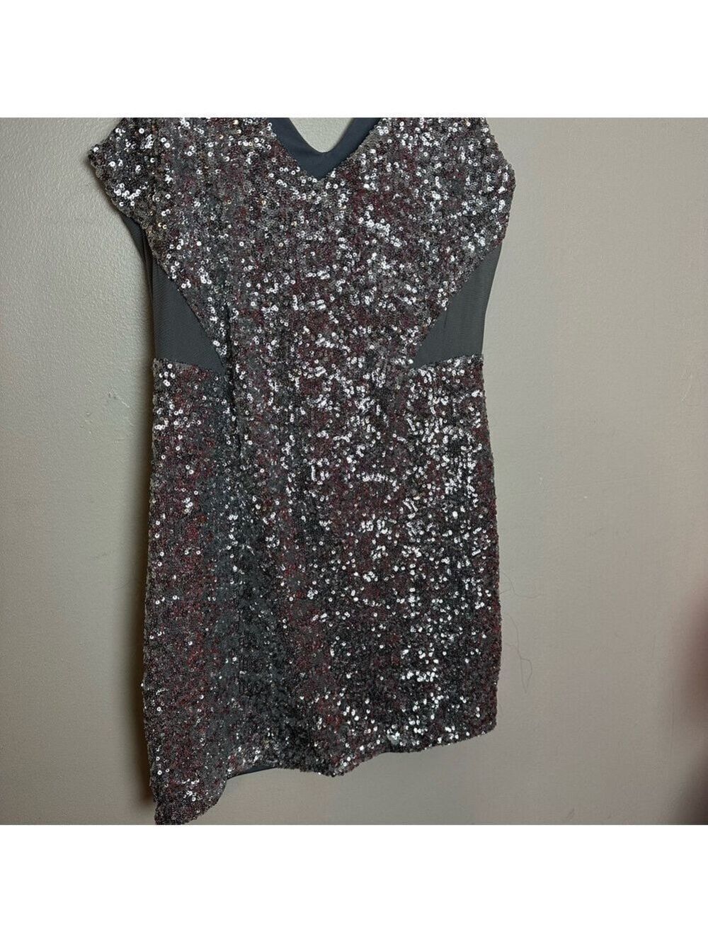 Bebe Silver Sequin Bodycon Sleeveless Mini Dress with Mesh Cutouts - Picture 8 of 14